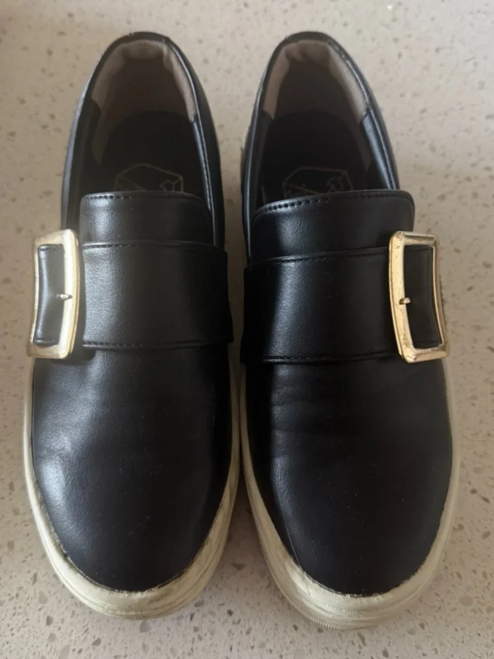 Subill Handmade Black Platform Slip-On Shoes with Gold Buckle Size 7